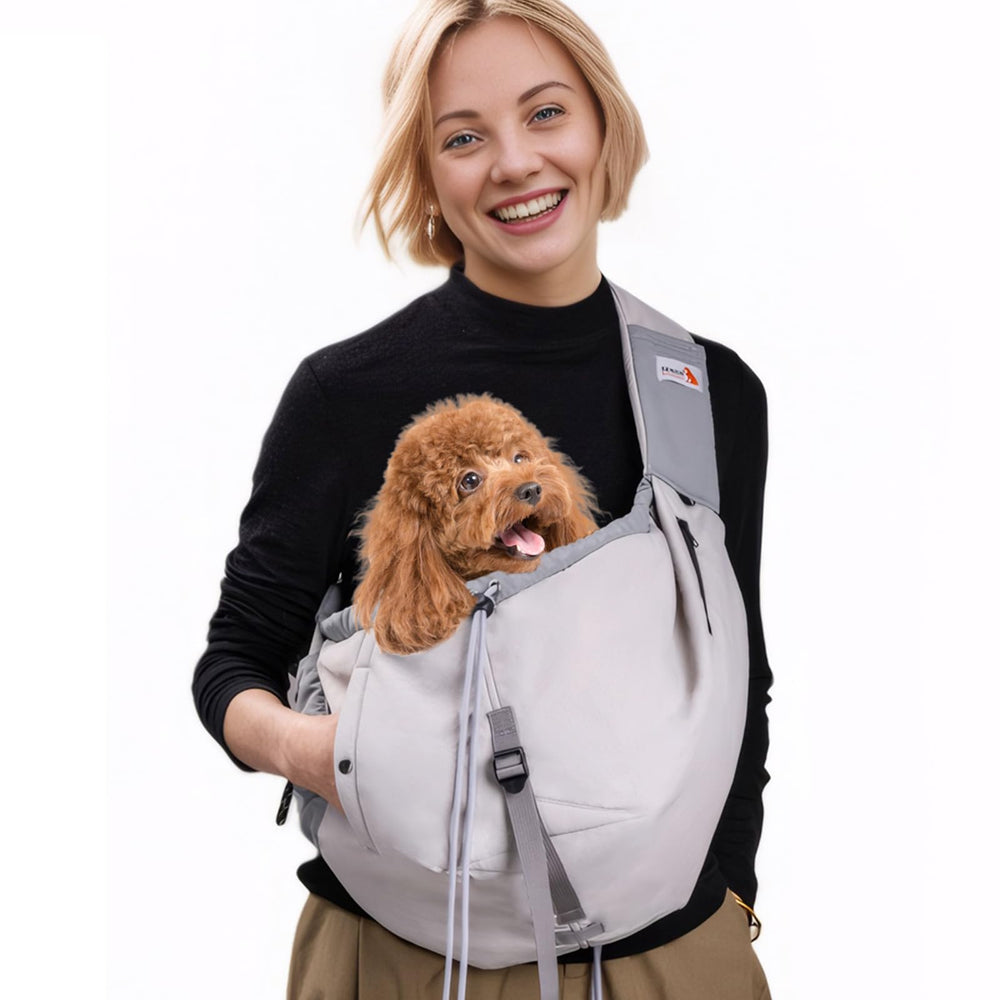 SENIOR BUDDAY dog carrier sling front view for easy, hands-free travel.