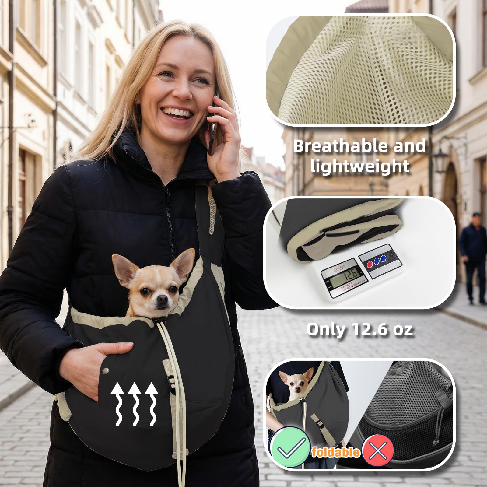 Senior Budday dog carrier sling pocket storage for essentials on the go.