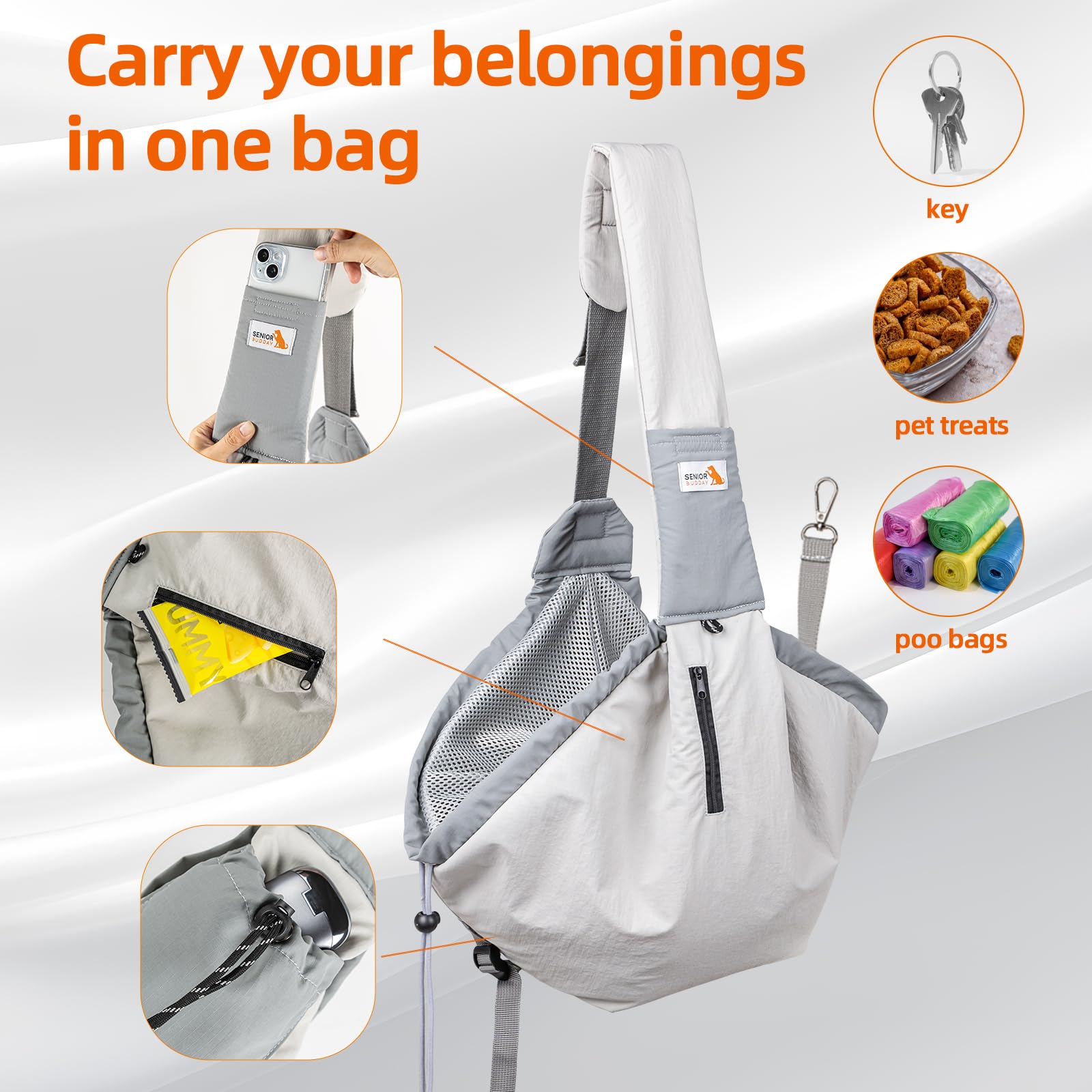 SENIOR BUDDAY sling with pockets visible for keys and treats on the go.