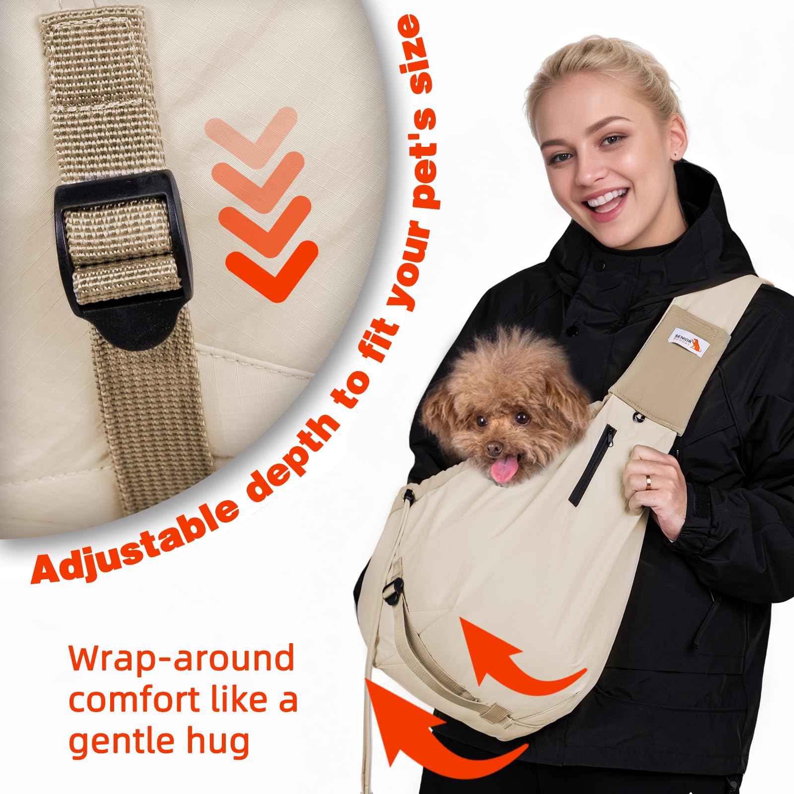 SENIOR BUDDAY sling includes dual zippers and a safety leash for security
