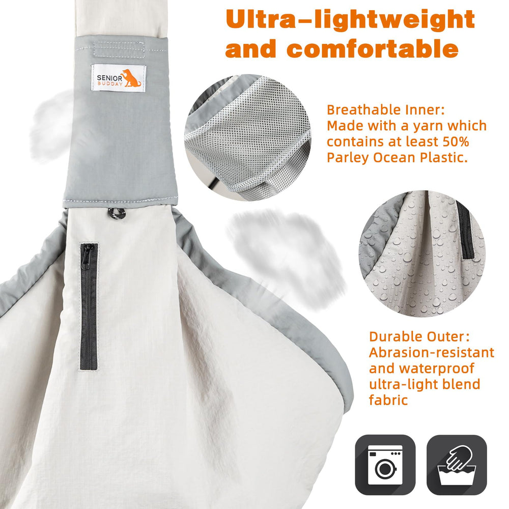 SENIOR BUDDAY sling side zipper detail for soothing contact with your pet.