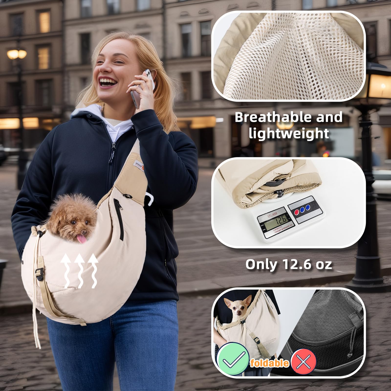 SENIOR BUDDAY sling features a side zipper for comforting touch during outings