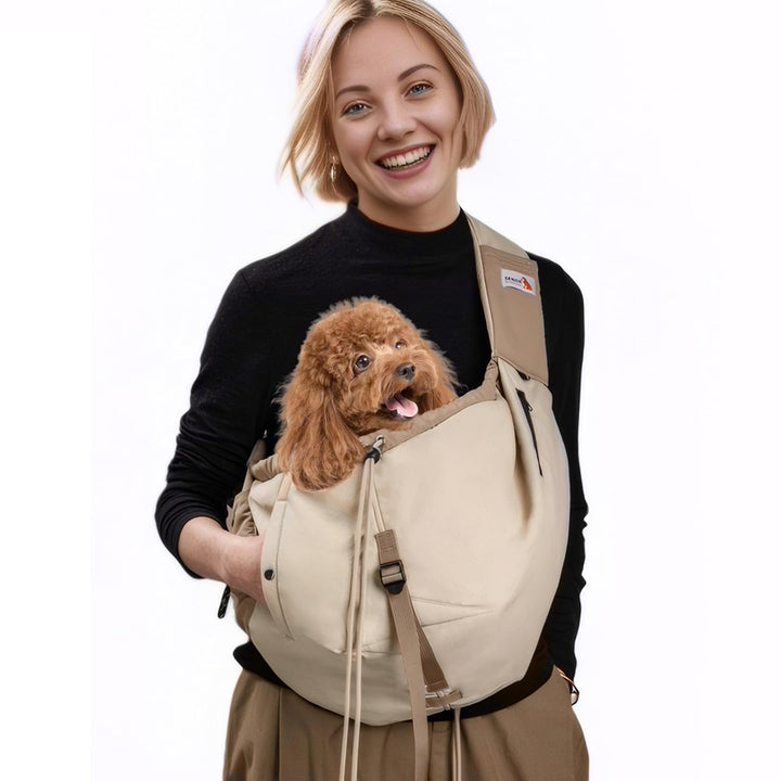 SENIOR BUDDAY dog carrier sling worn for hands-free on-the-go comfort