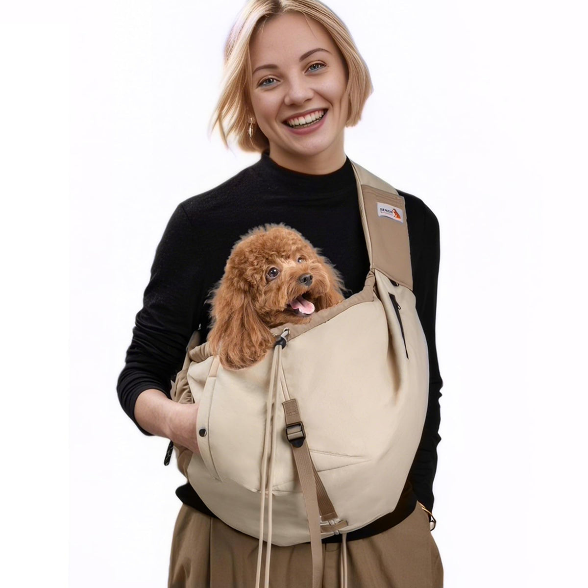 SENIOR BUDDAY dog carrier sling worn for hands-free on-the-go comfort