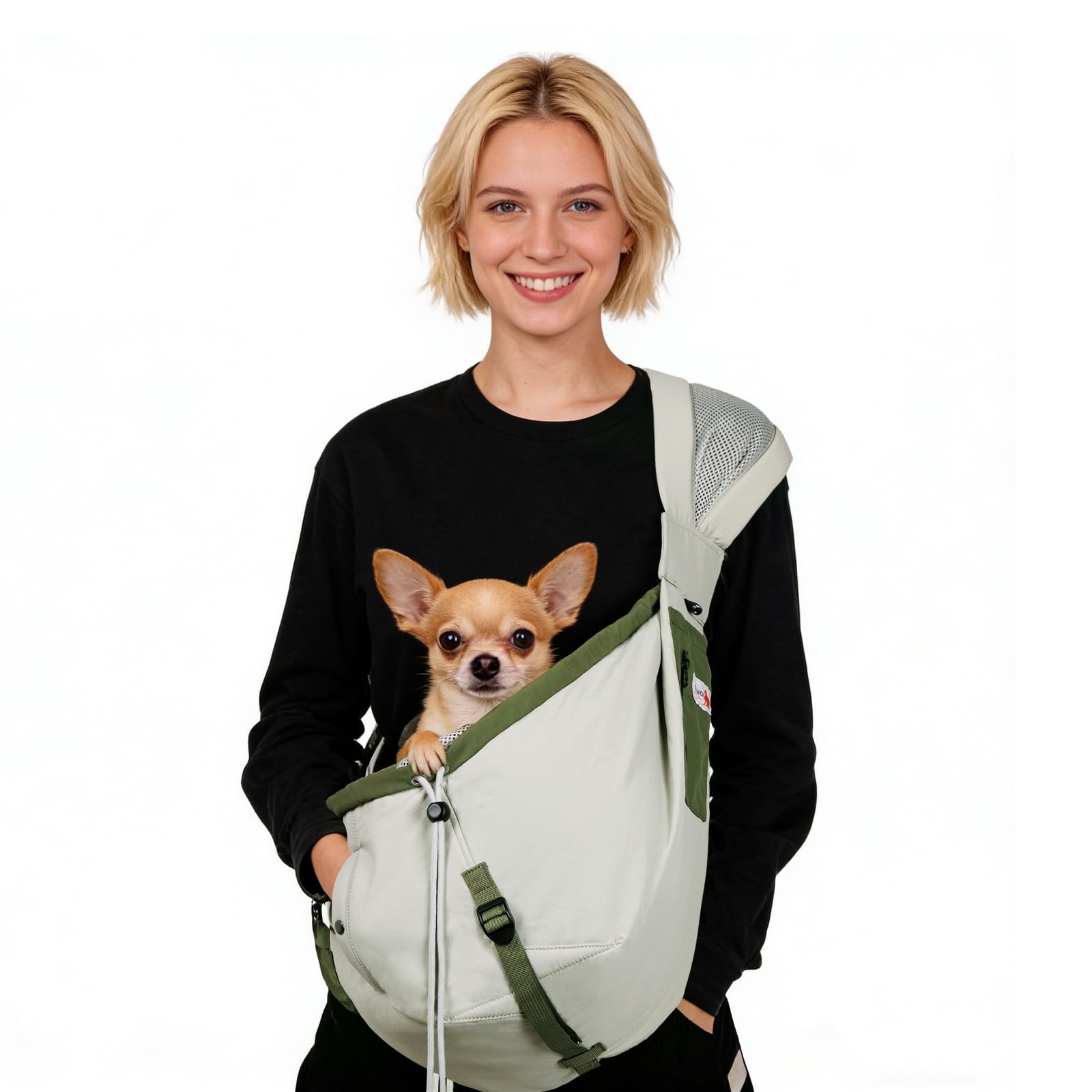 Senior Budday dog carrier sling worn for hands-free travel and comfort.