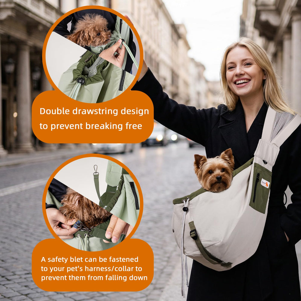 Senior Budday dog carrier sling provides wrap-around comfort for small pets.