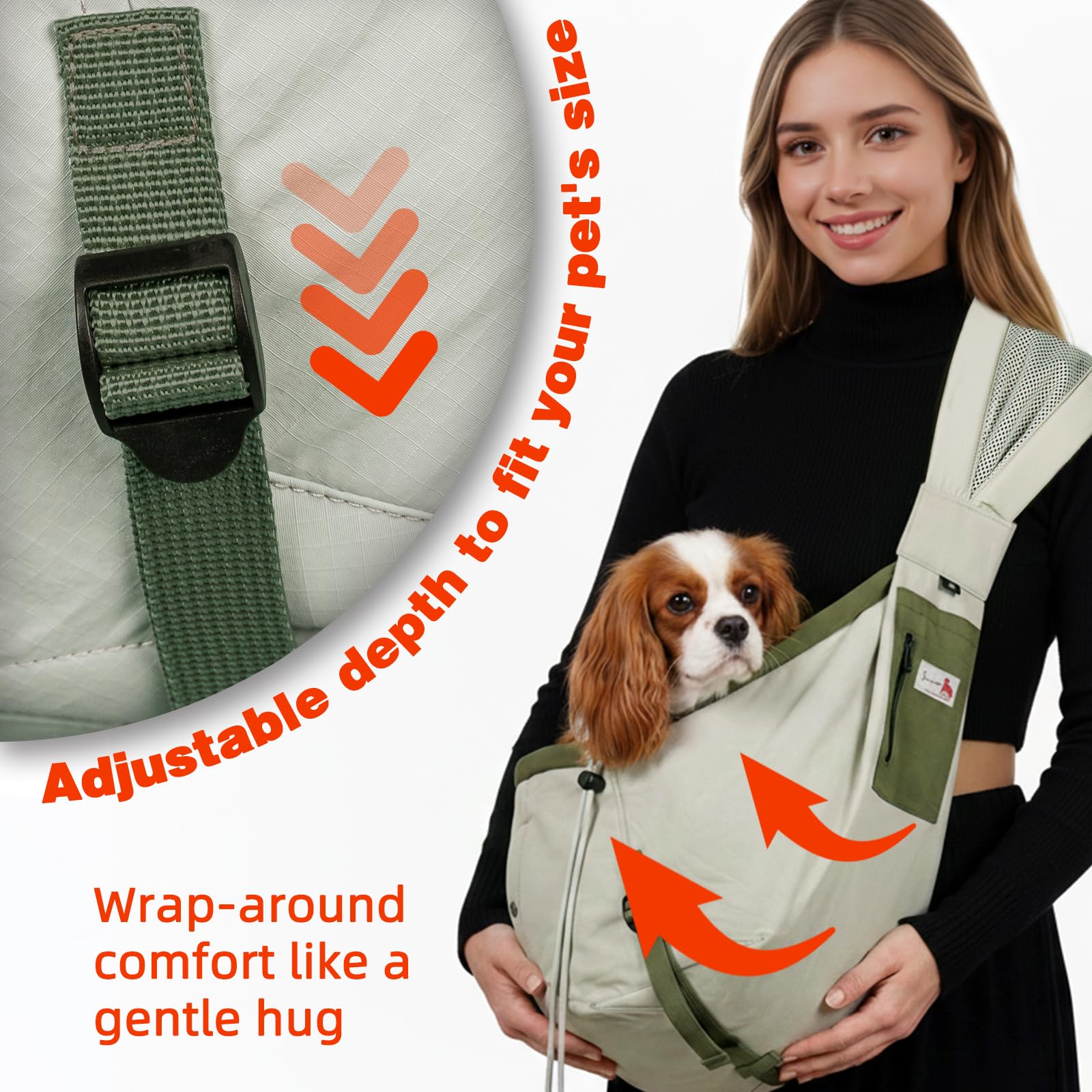 Senior Budday dog carrier sling featuring dual zippers and a safety leash.