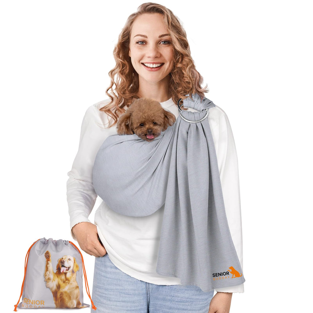 Senior Budday-pet-sitting-in-sling conveys secure, snug fit reducing pet anxiety.