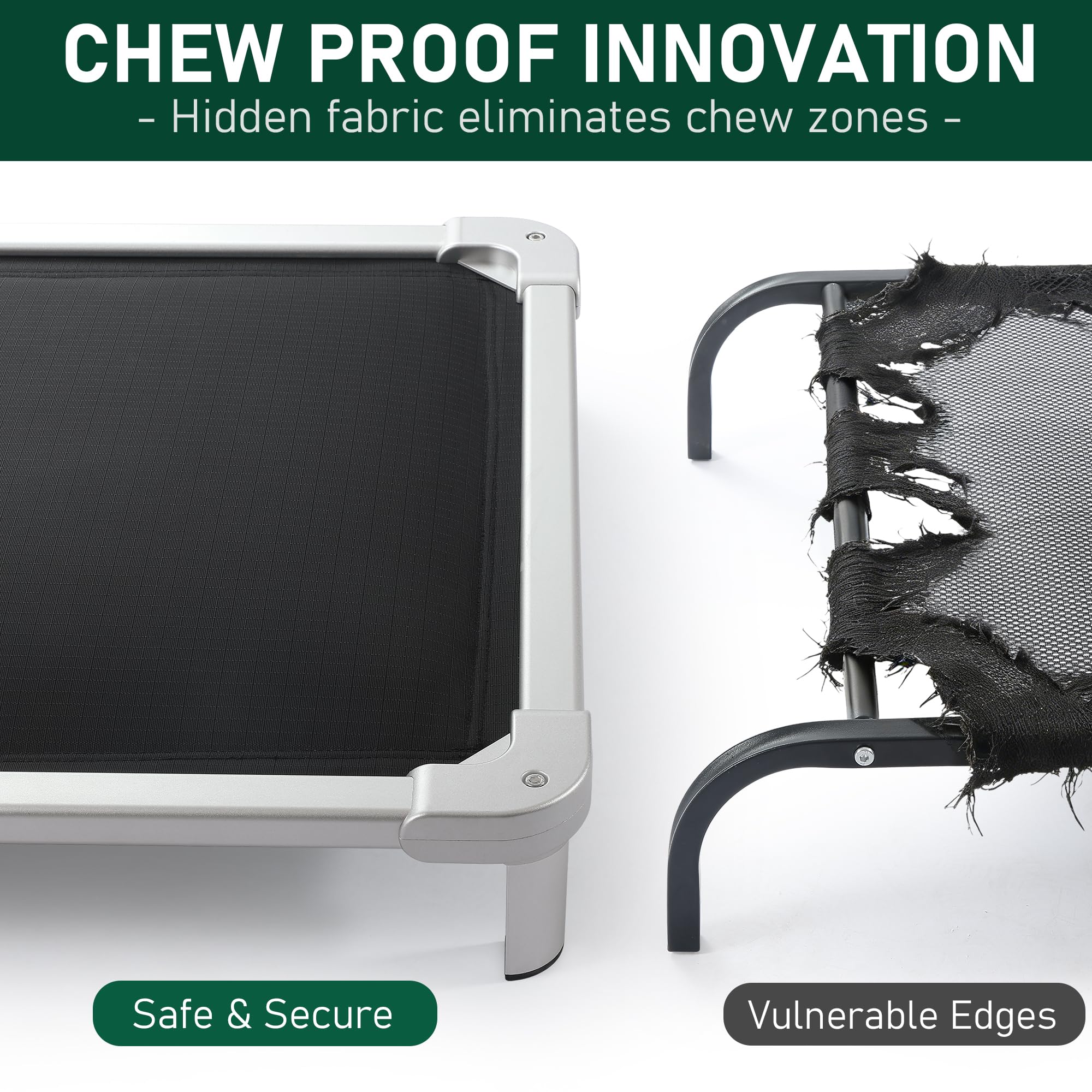 Sennenny chew-proof elevated dog bed frame closeup highlights hidden fabric defense.