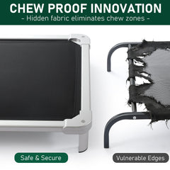 Sennenny chew-proof elevated dog bed frame closeup highlights hidden fabric defense.