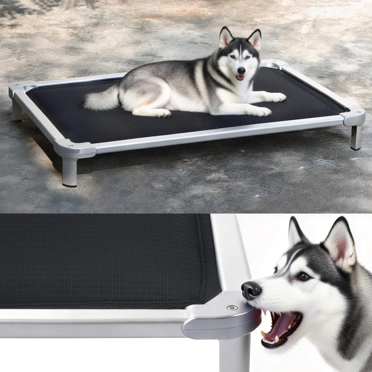 Sennenny chew-proof elevated dog bed side view shows durable frame and elevated comfort.