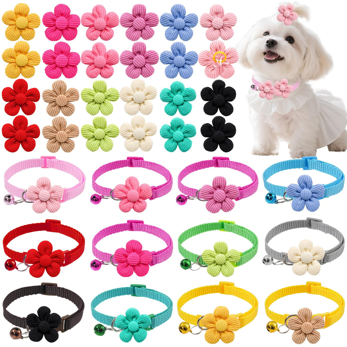 Senniea 36PCS set package with flower collars and bows for cute pet styling
