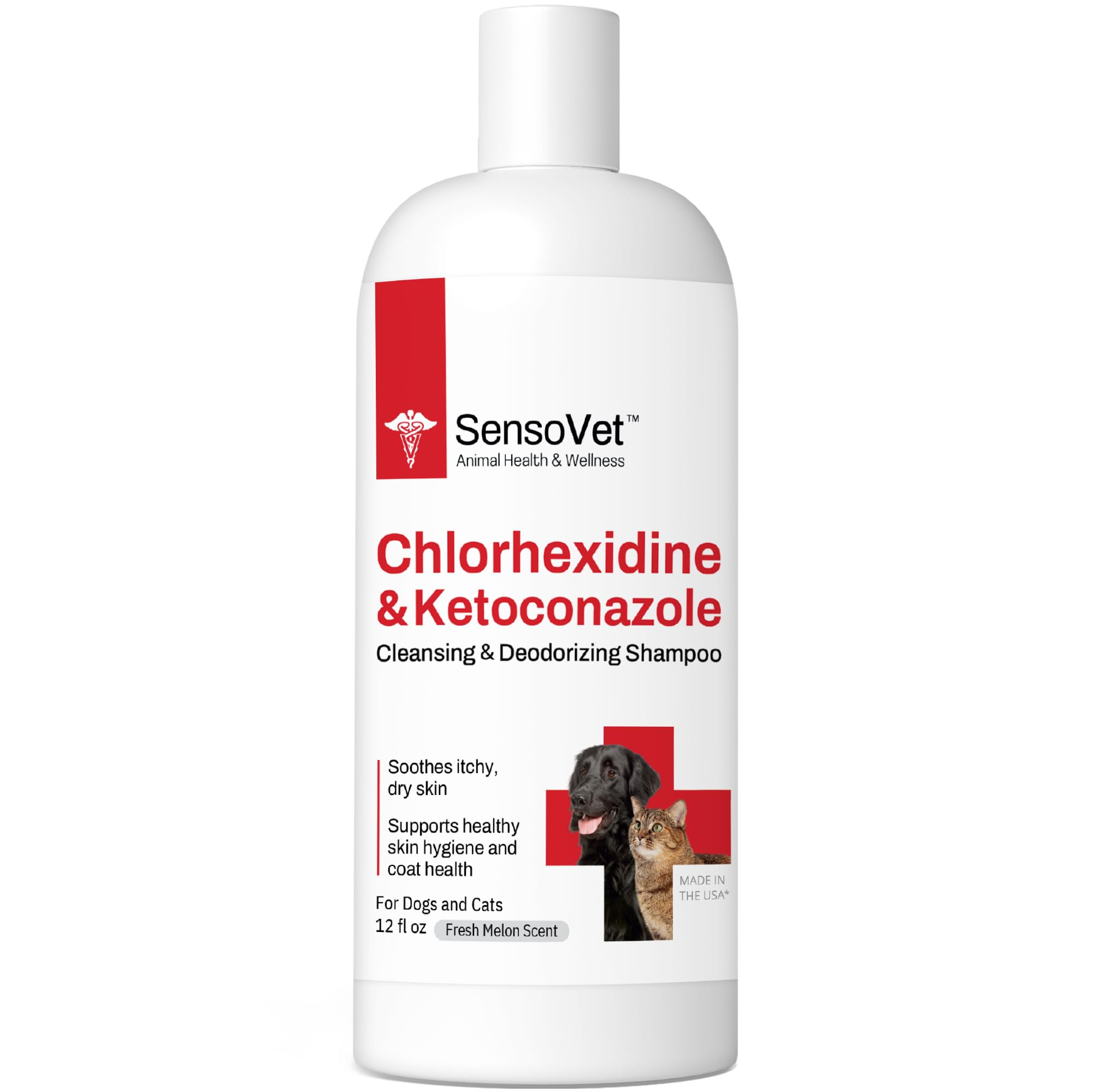 SensoVet Chlorhexidine Shampoo bottle for gentle cleansing during pet grooming.