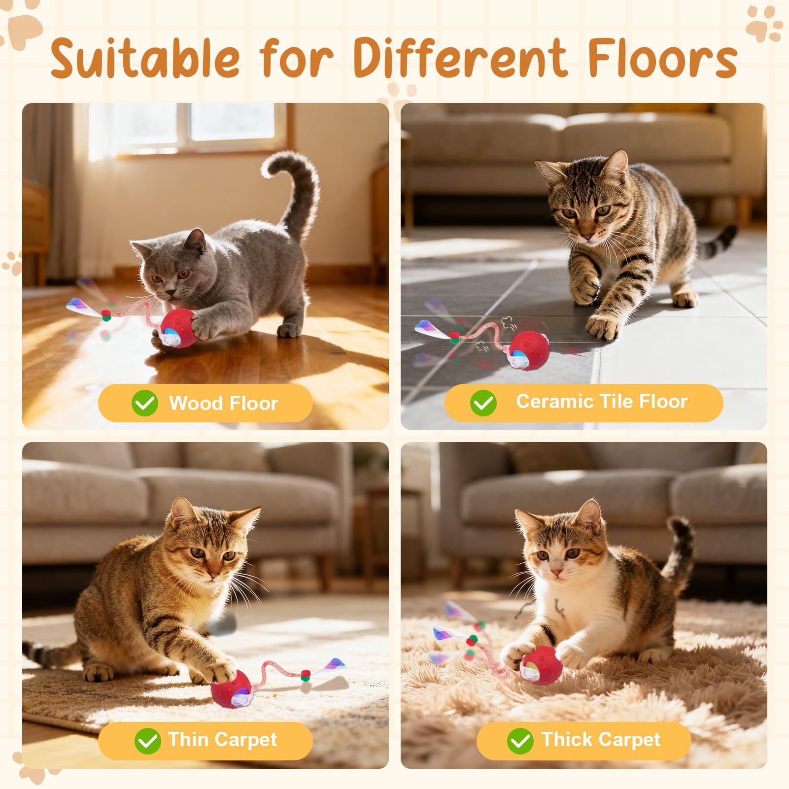 Sentoo cat ball toy performs on wood, tile, and carpeted floors