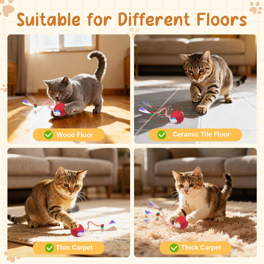 Sentoo cat ball toy performs on wood, tile, and carpeted floors