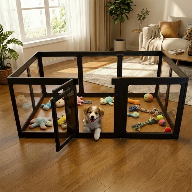 SENTORYY transparent dog playpen front view shows clear visibility for relaxed pets