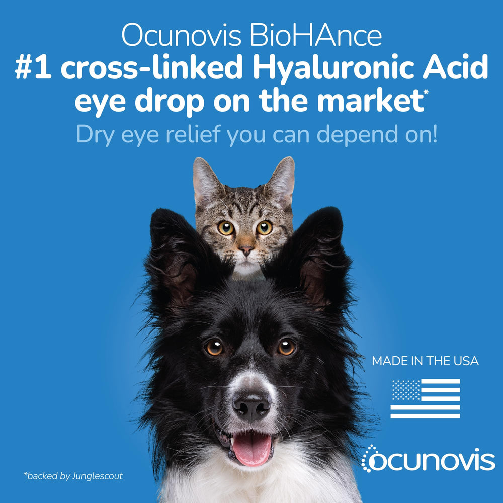 Sentrx Ocunovis gel eye drops being applied to a pet eye, smooth lubrication.