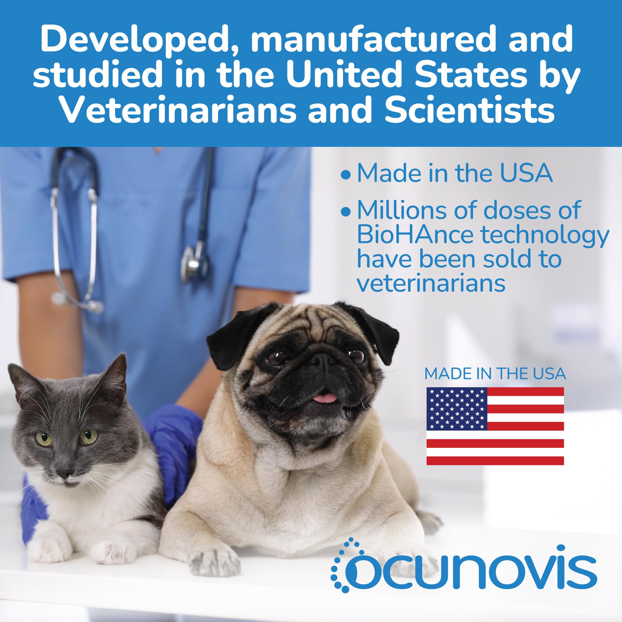 Label detail noting USA-made veterinary-grade eye care.