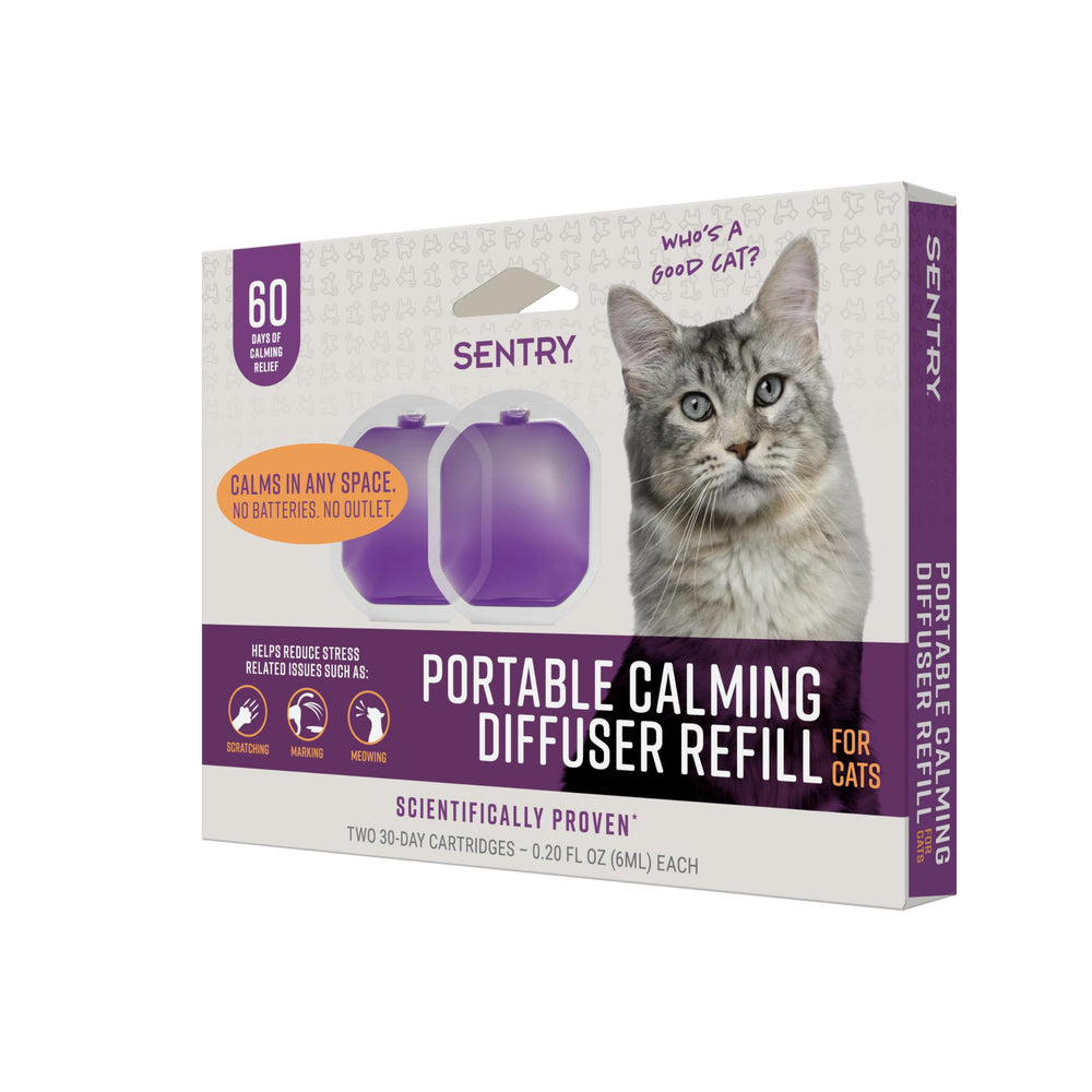 SENTRY portable calming diffuser cat bottle demonstrates 30-day pheromone release for stress relief.