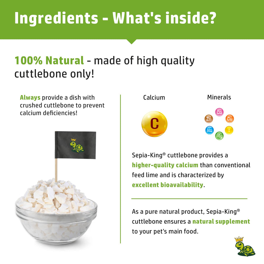 Sepia King calcium supplement for reptiles and birds supports daily mineral intake.