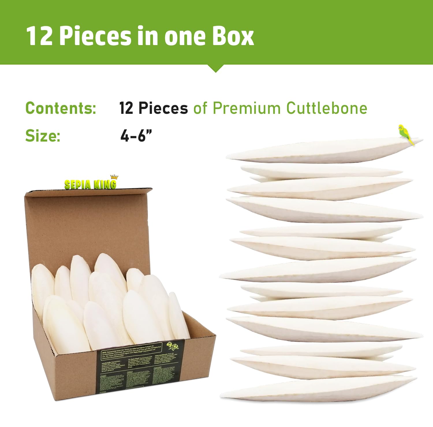 Sepia King cuttlebone supports beak maintenance in pet birds.