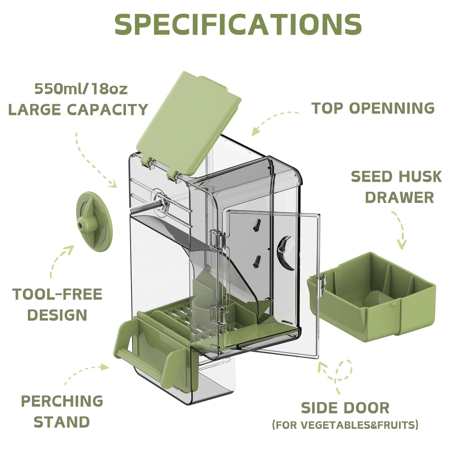 Septillar feeder with external perch assembly, promoting easy access and engaging feeding.