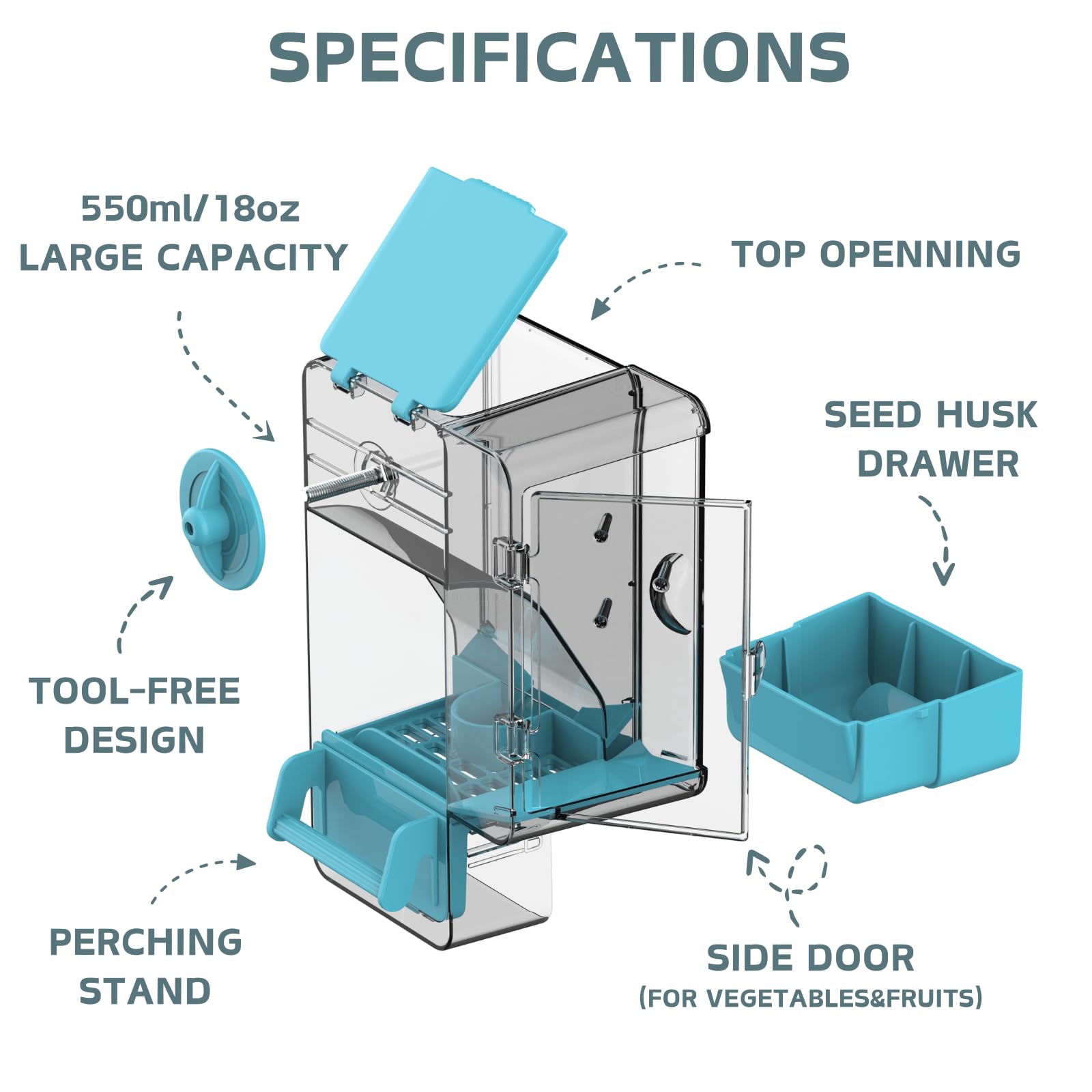 Septillar automatic feeder with perch assembly provides quick, stable inside-cage use.
