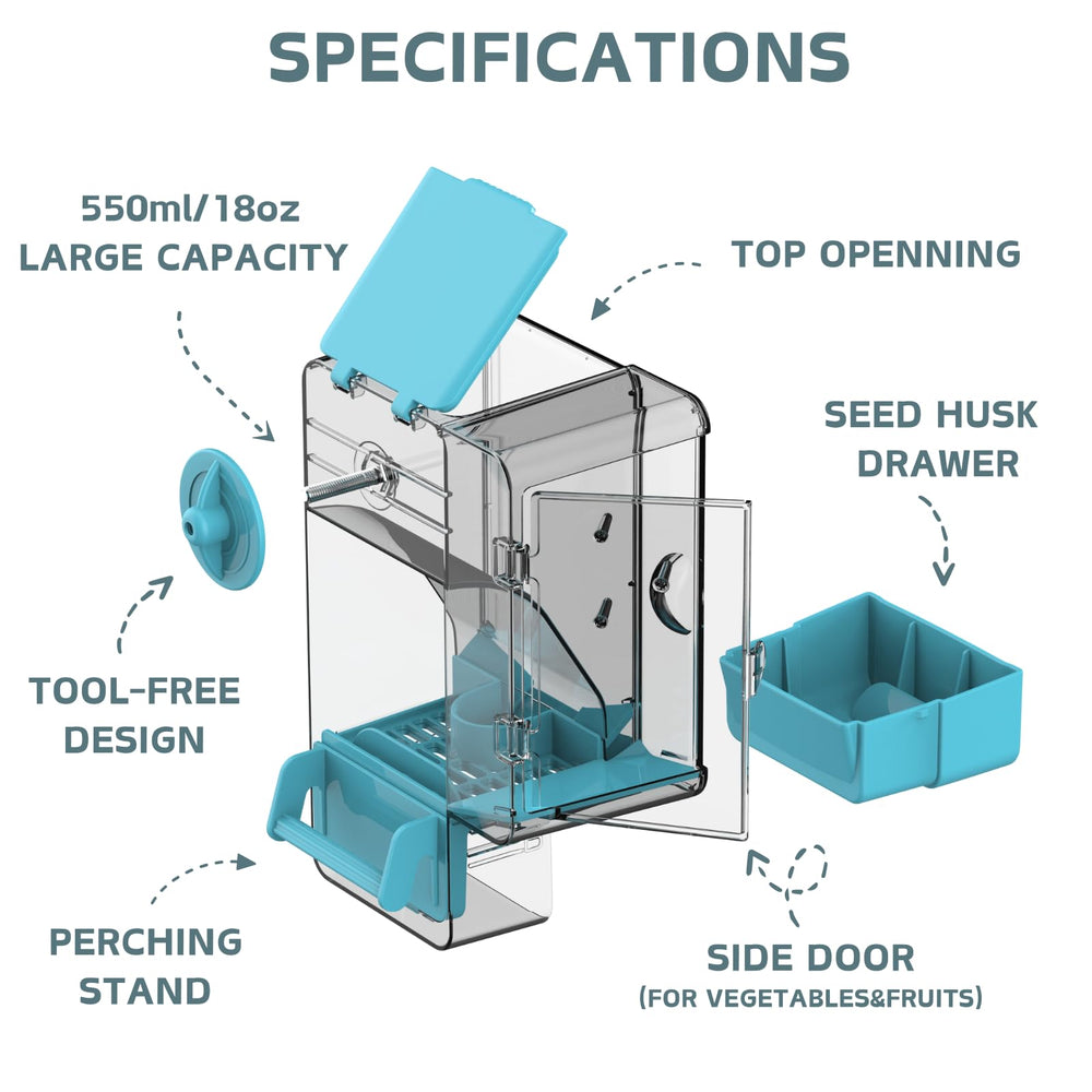 Septillar automatic feeder with perch assembly provides quick, stable inside-cage use.