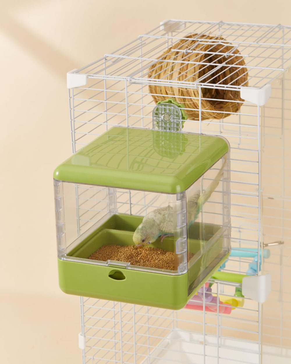 Septillar bath-for-small-medium-birds suits lovebirds, finches, budgies, and cockatiels.