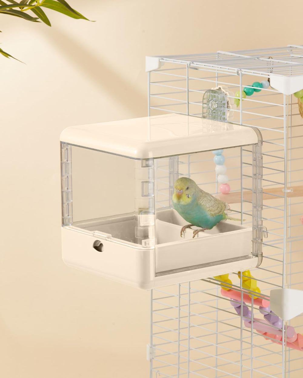 Septillar bird-feeder-bath-cage provides combined bathing and feeding for small birds.