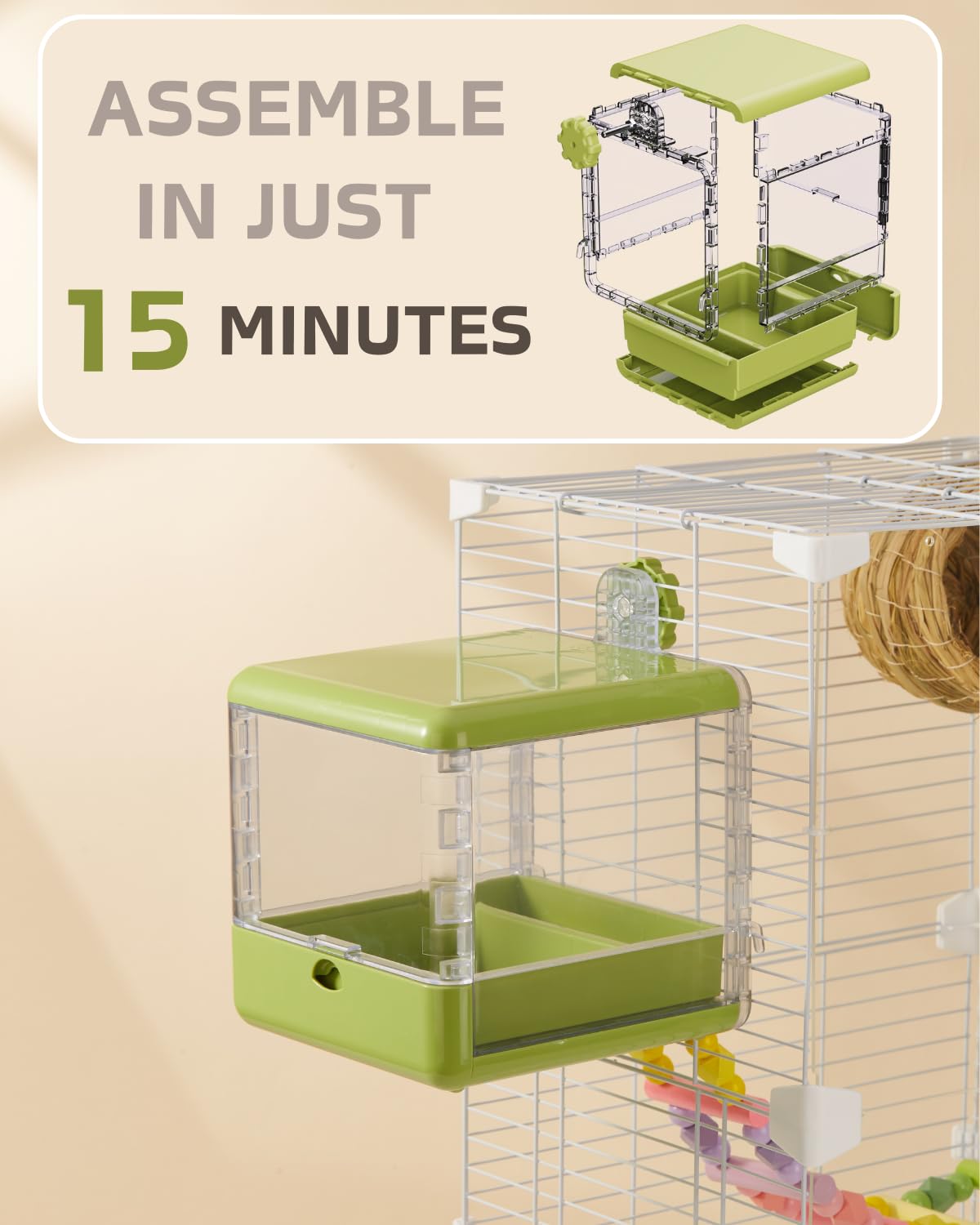 Septillar bird feeder bath green cage-attachment on standard cage.
