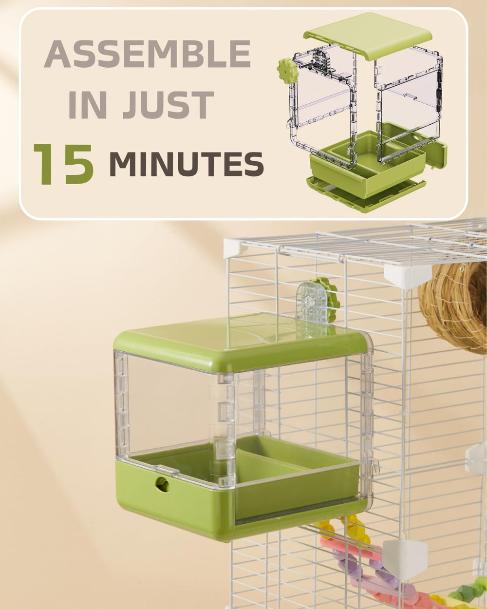Septillar bird feeder bath green cage-attachment on standard cage.