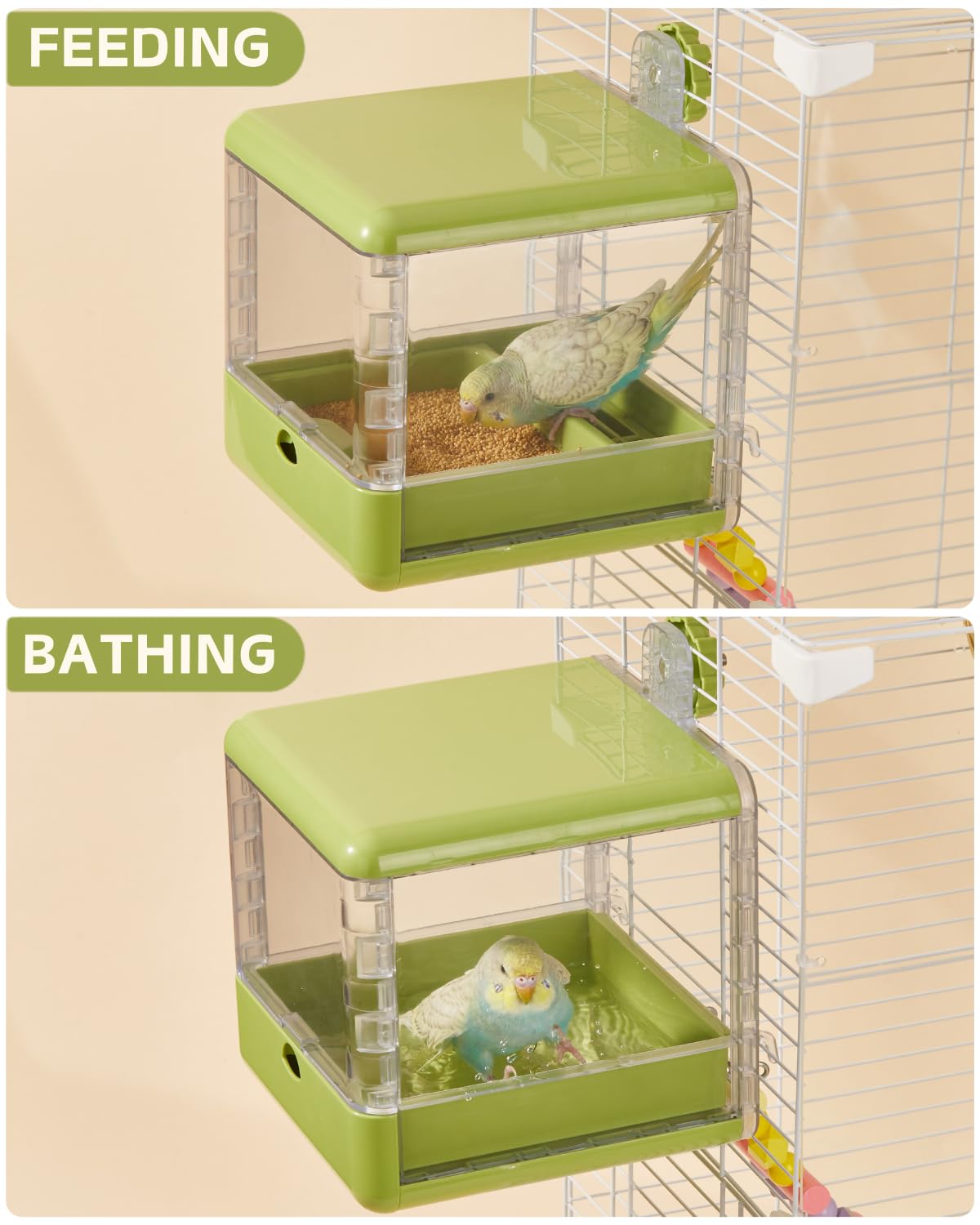 Septillar bird feeder bath green water-inside view with visible water level.