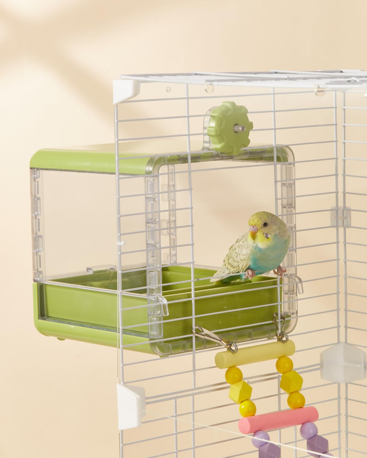 Septillar white-bird-bath-shower-box complements cages with a clean, modern look.