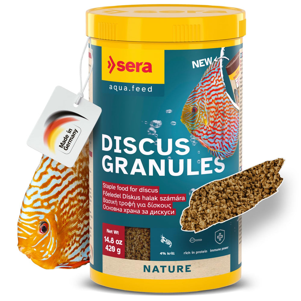 Sera Discus Granules 1000ml packaging for convenient main feed of discus fish.