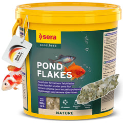 Sera Pond Flakes bottle packaging for easy year-round feeding.