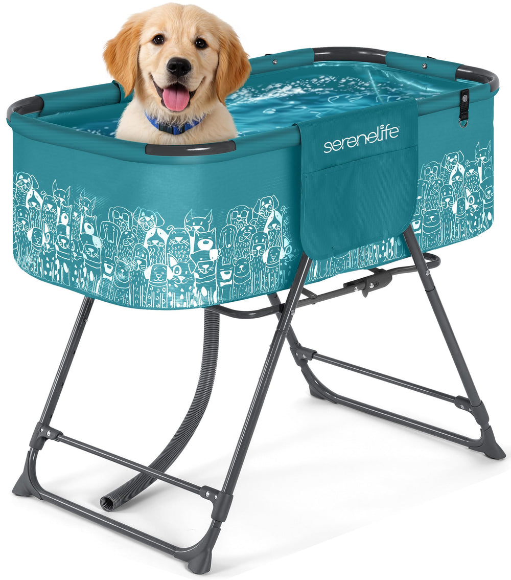 SereneLife foldable dog bath tub in blue, compact for home storage