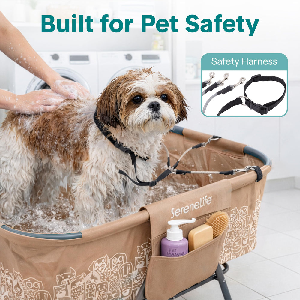 SereneLife foldable dog bath tub with storage pockets for essentials