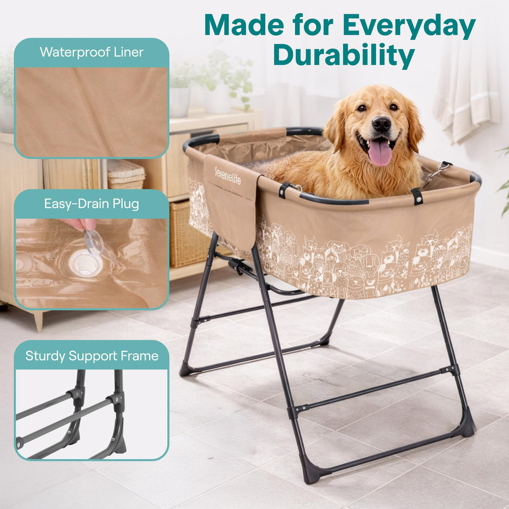 SereneLife foldable dog bath tub with three-point leash for secure baths