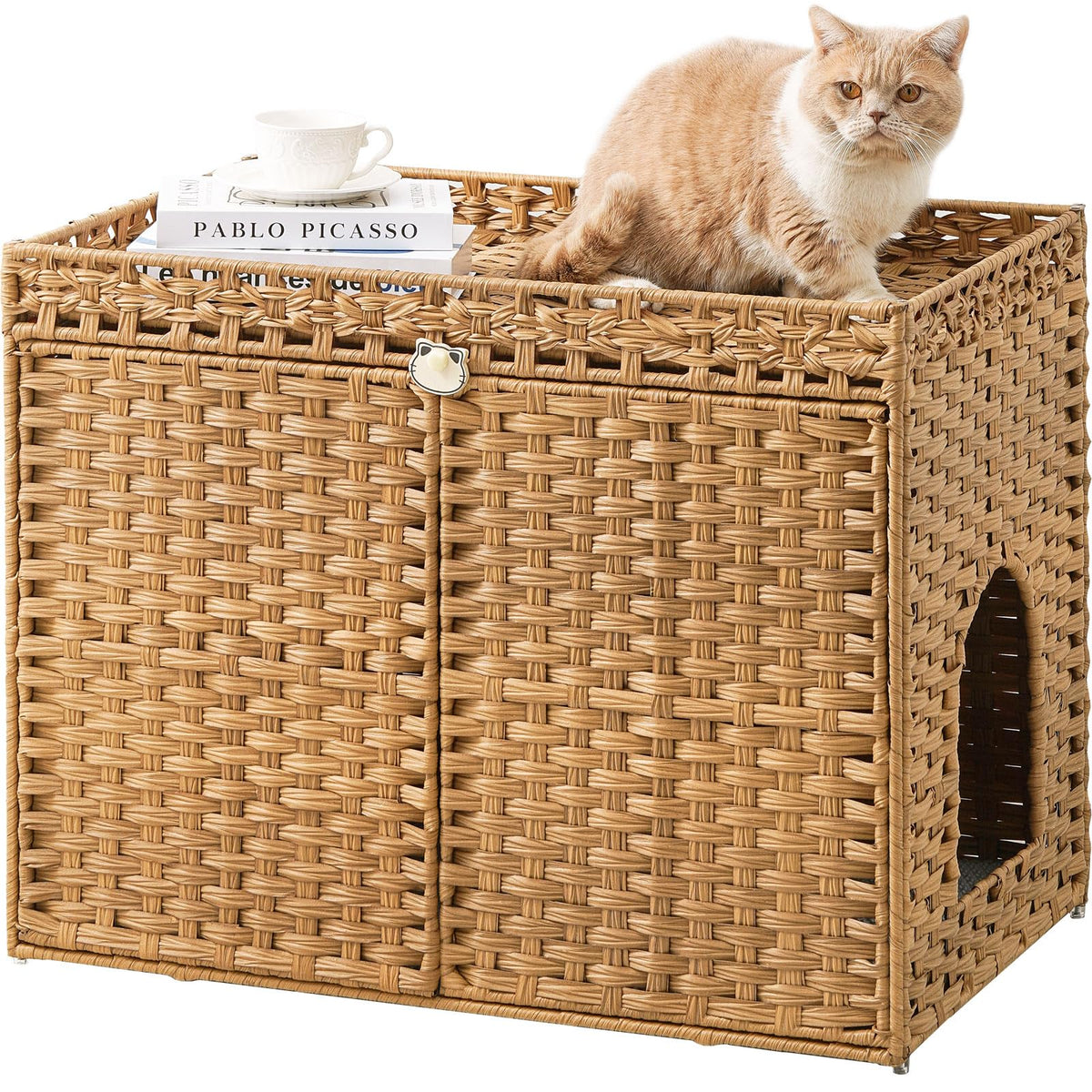 SETVSON handwoven rattan cat litter box enclosure with natural ventilation.