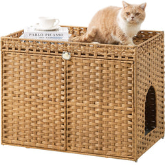 SETVSON handwoven rattan cat litter box enclosure with natural ventilation.