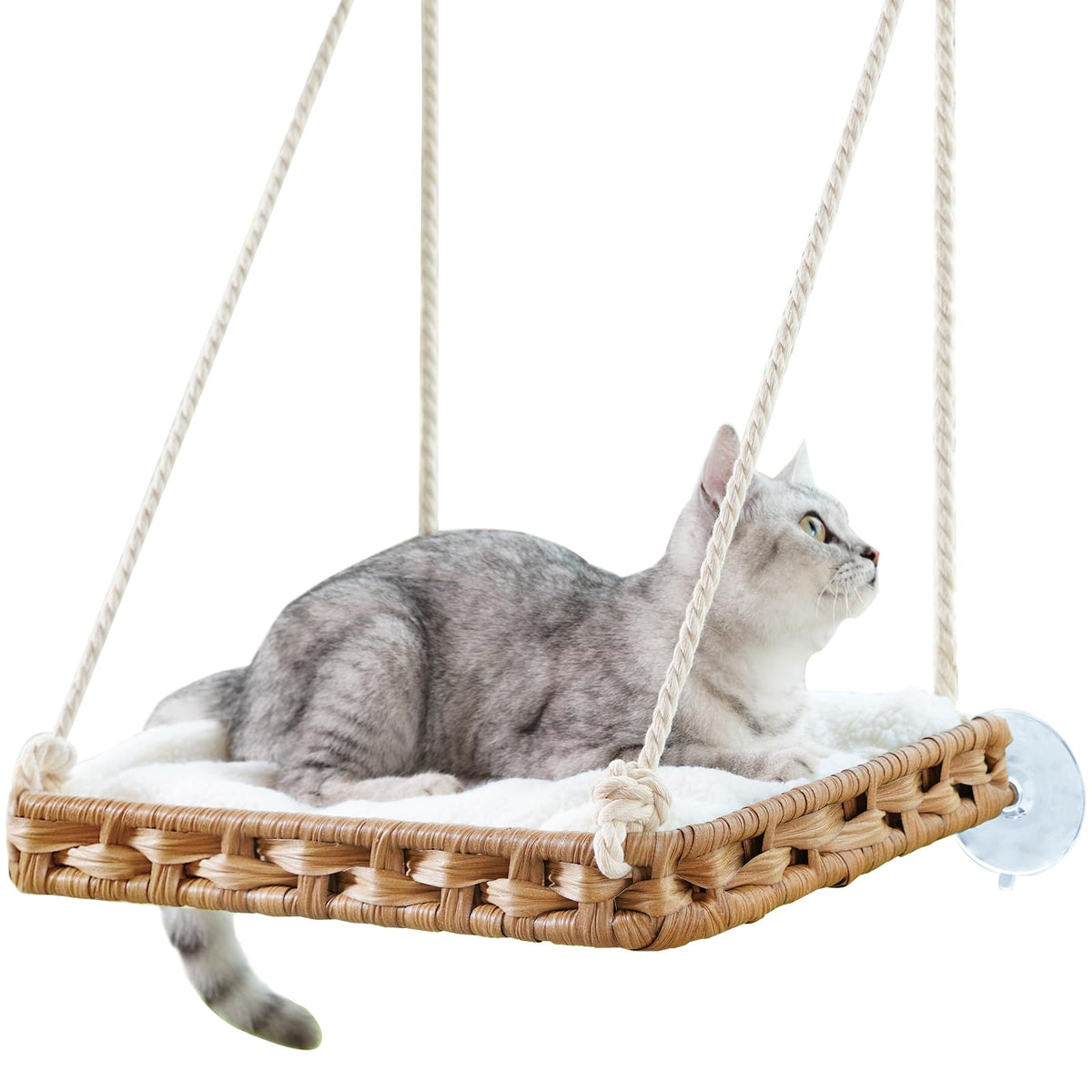 SETVSON cat window perch with handwoven rattan frame offers a sturdy sunlit spot