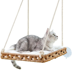 SETVSON cat window perch with handwoven rattan frame offers a sturdy sunlit spot