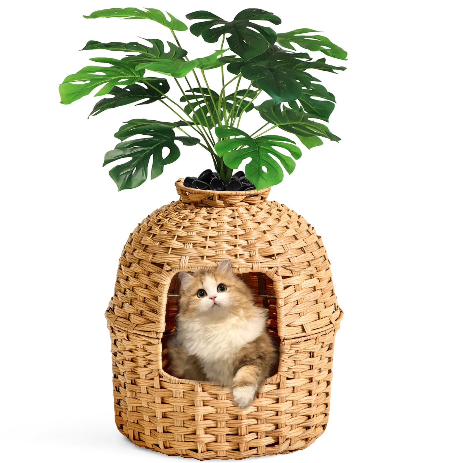 SETVSON hidden litter box in a rattan planter provides discreet litter management.