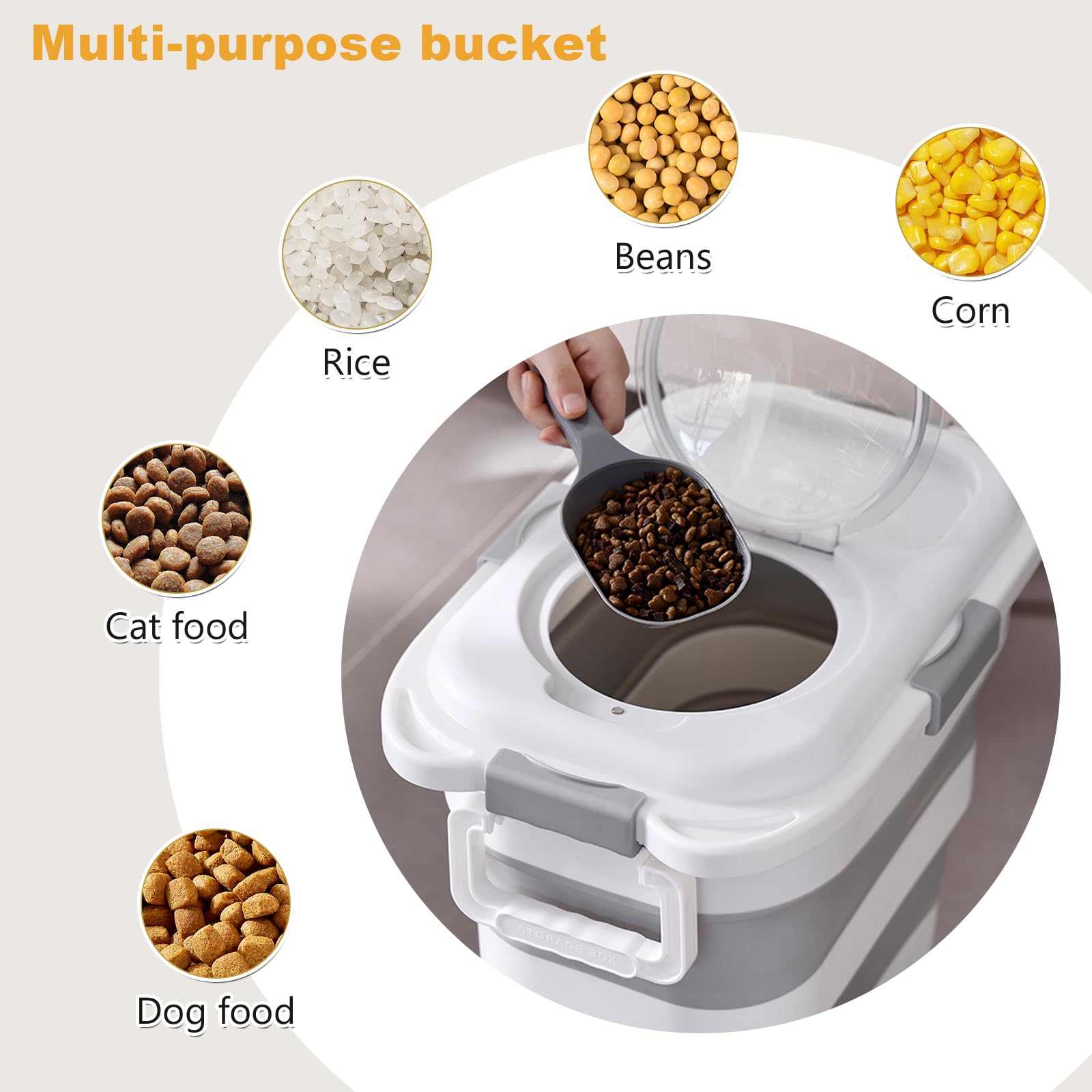 SEWIU portable food bin easily rolled from kitchen to feeding area.