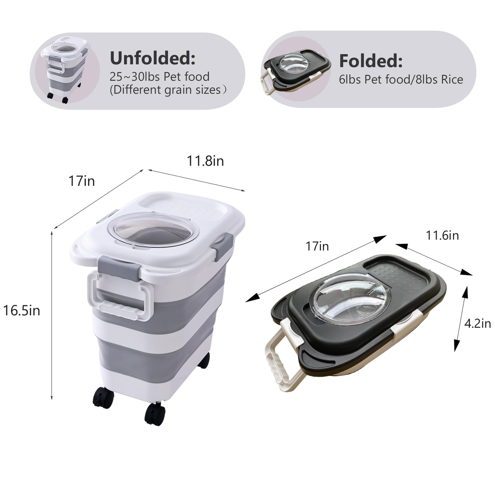 SEWIU dog food storage bin with four detachable wheels for easy mobility.