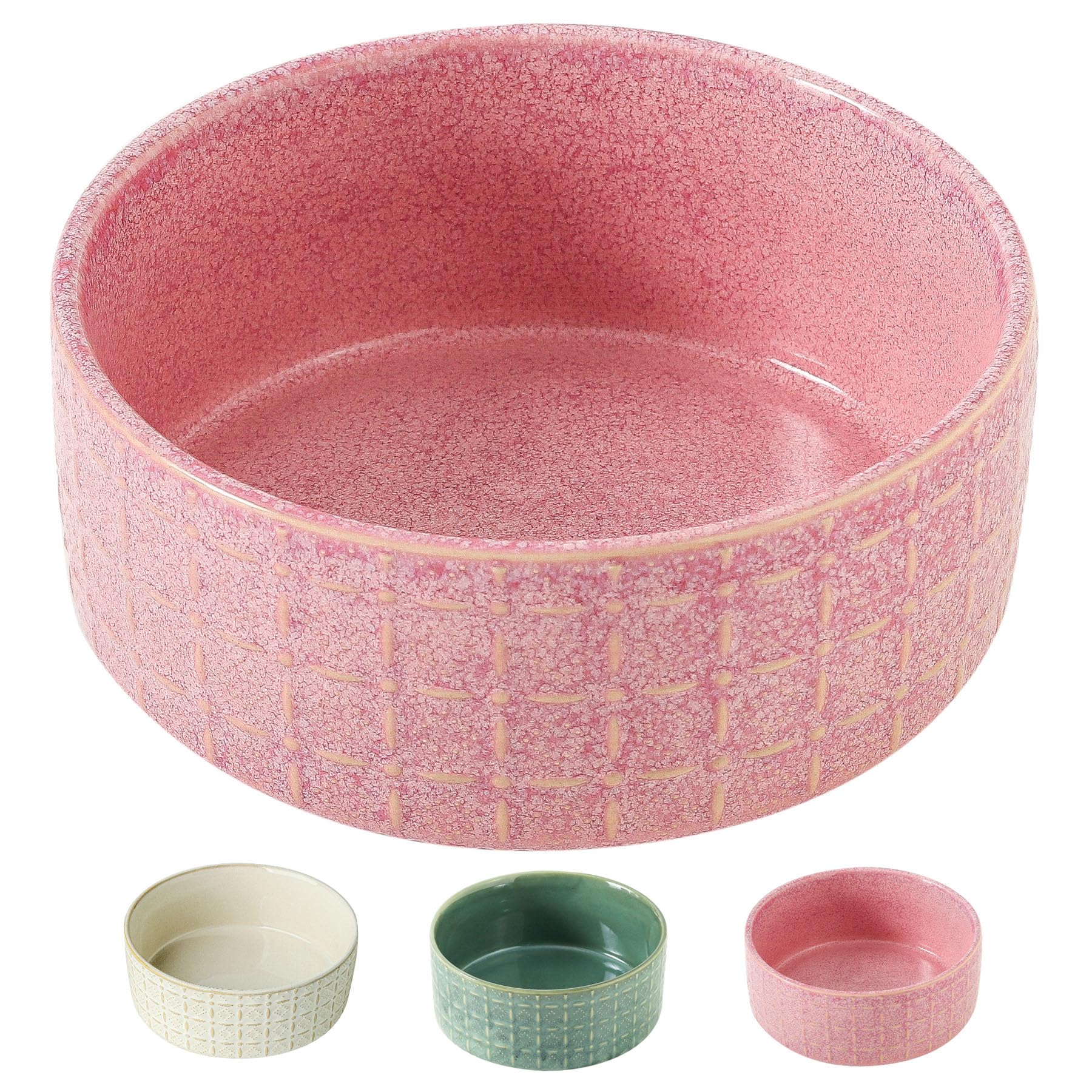 Seyatoo ceramic dog bowl in pink, front view showing 6.5-inch diameter for easy feeding and cleaning