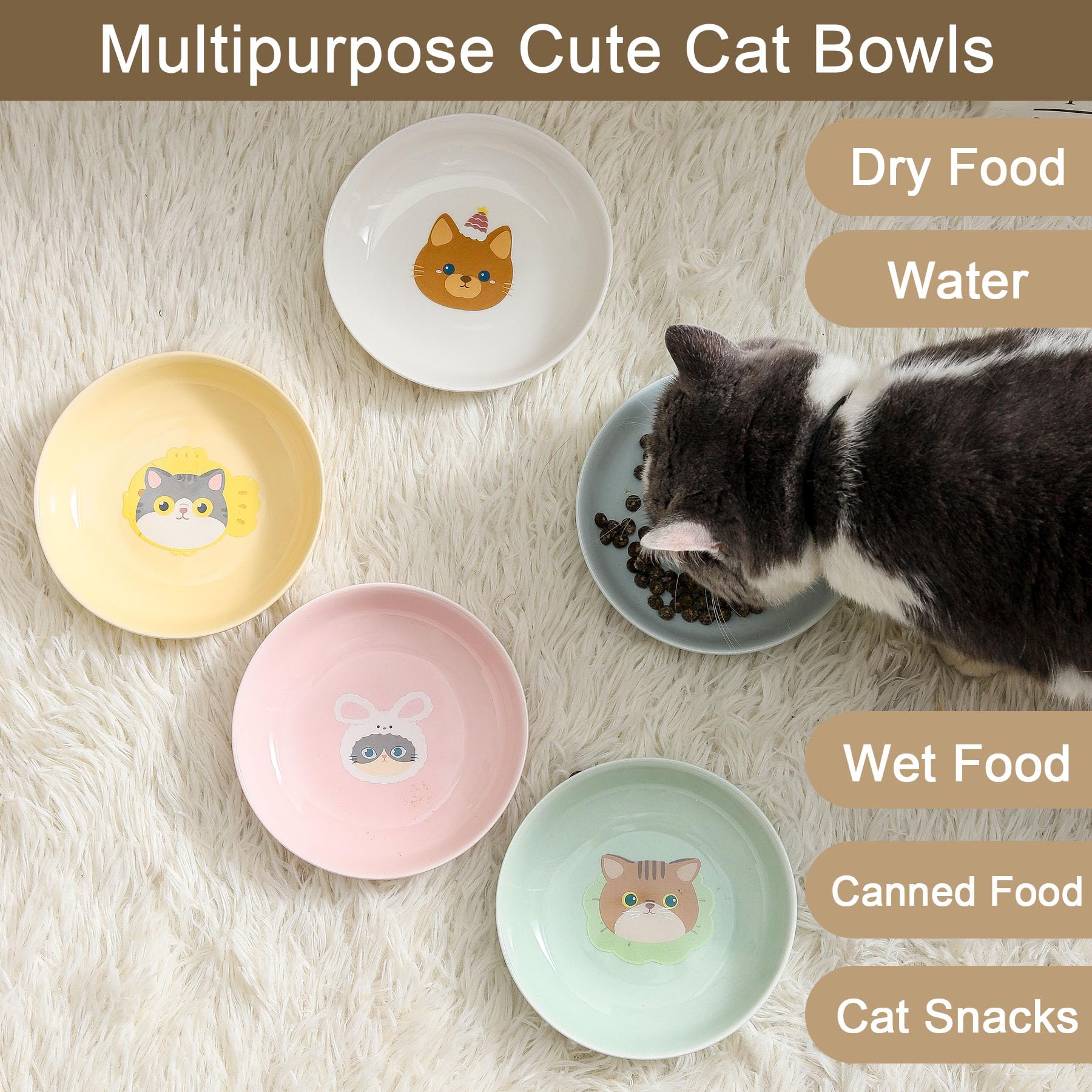 Seyatoo wide bowls prevent spills and center food for small pets.