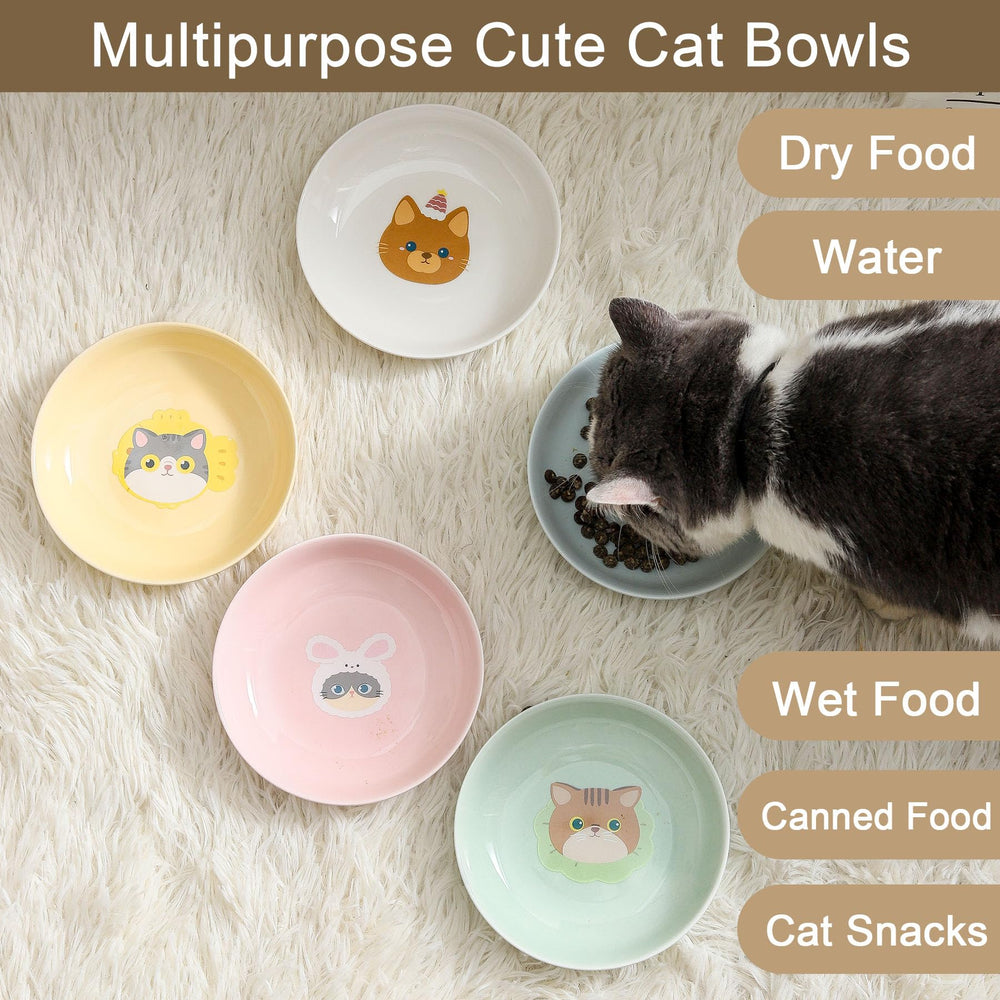 Seyatoo wide bowls prevent spills and center food for small pets.