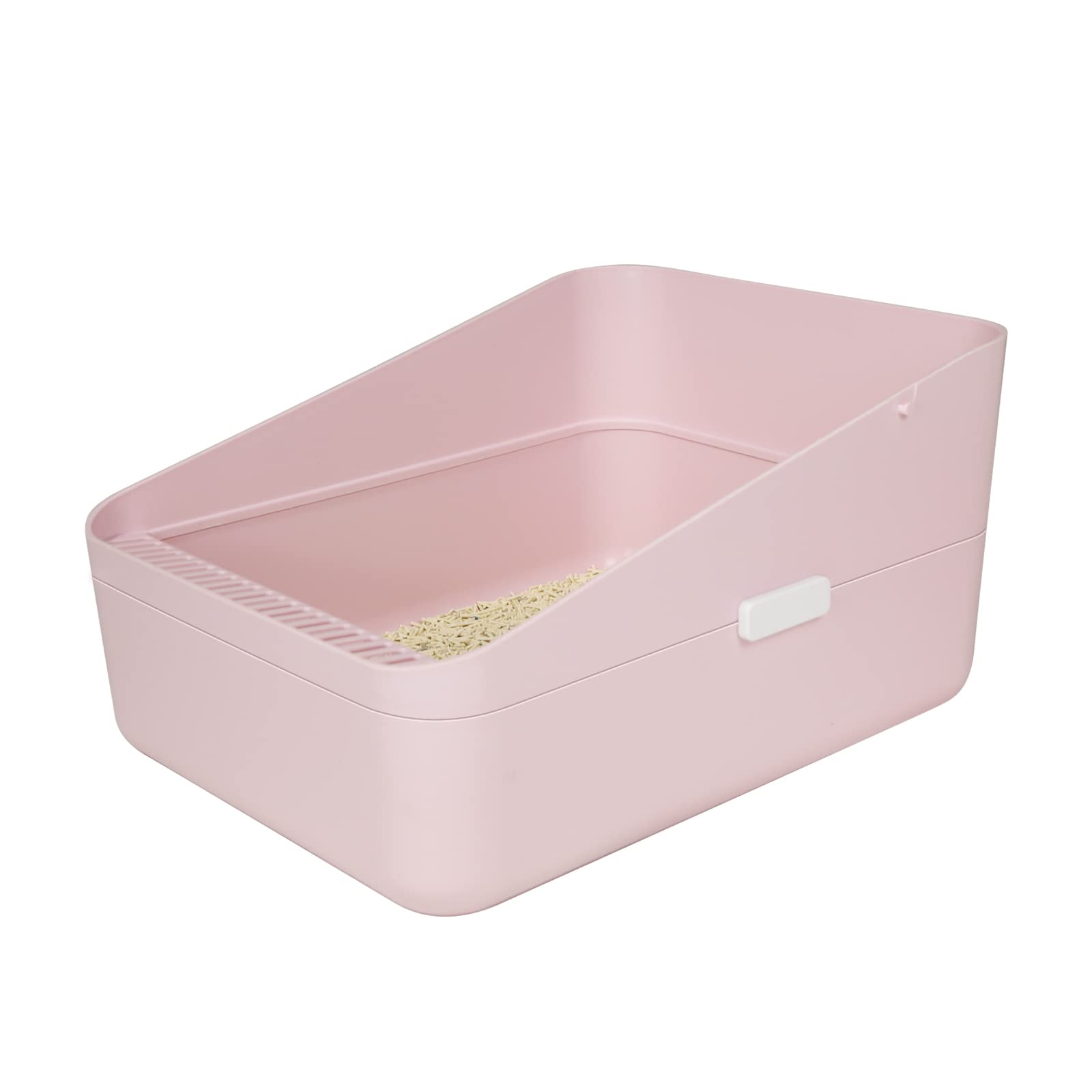 Sfozstra open high-sided pink litter box front view showing containment for small cats